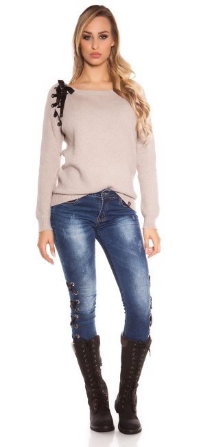 Trendy Oversize sweater with lacing Cappuccino